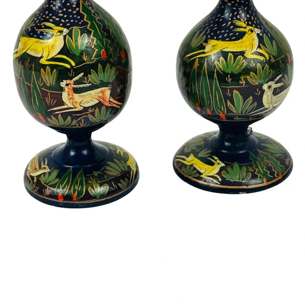 Vintage Kashmiri Hand Painted Wood Candlestick Holders Gazelle Deer Folk Art Set